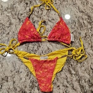 Beach Bunny Pink and Yellow Lace Bikini Bottom Medium Top Small Bottom